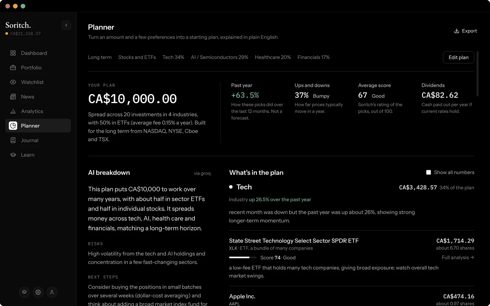 The Planner showing a CA$10,000 plan across four industries, summary stats, an AI breakdown and the picks in each industry
