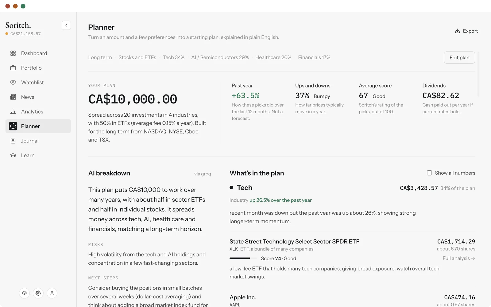 The Planner showing a CA$10,000 plan across four industries, summary stats, an AI breakdown and the picks in each industry