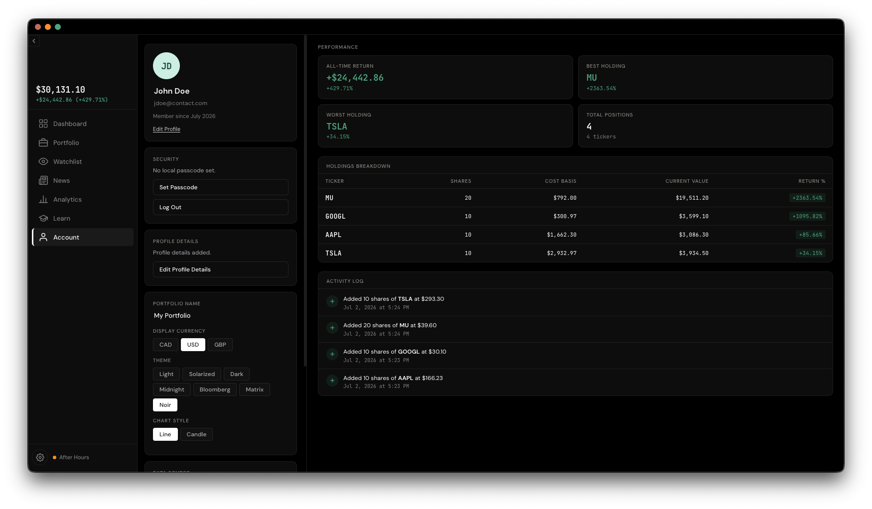 Soritch account screen with local passcode, profile details, and portfolio settings