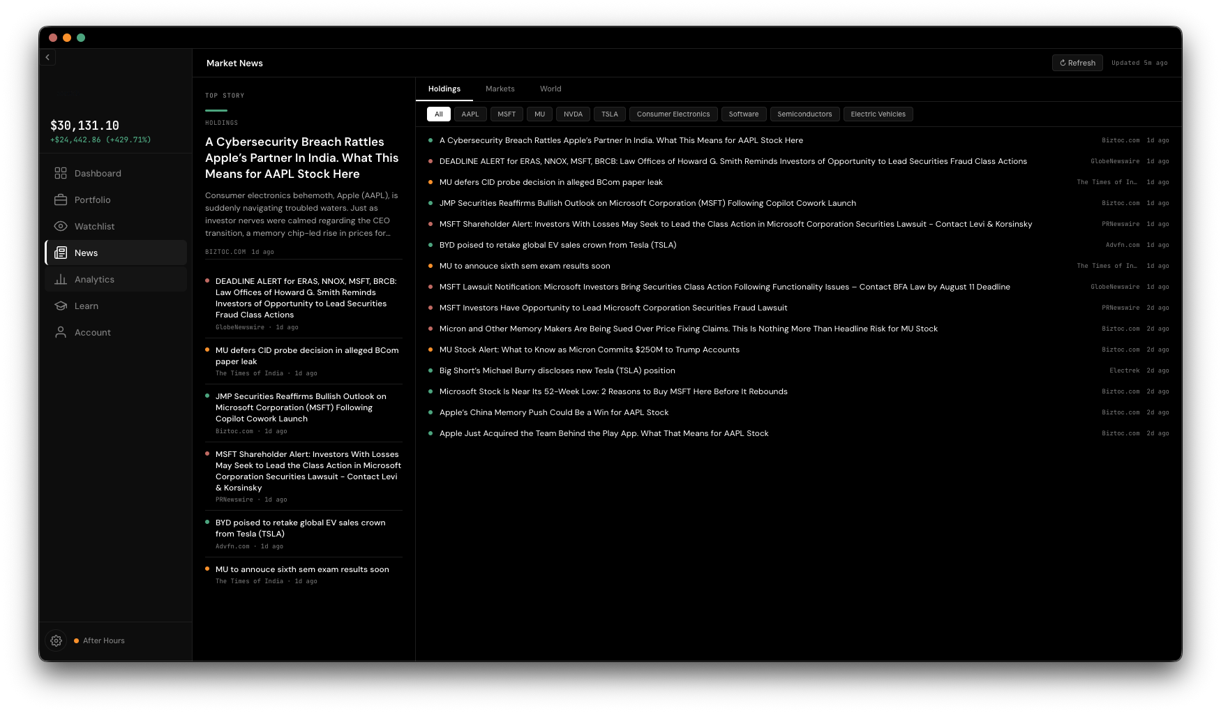 Soritch news feed filtered to holdings, split into Holdings, Markets, and World tabs