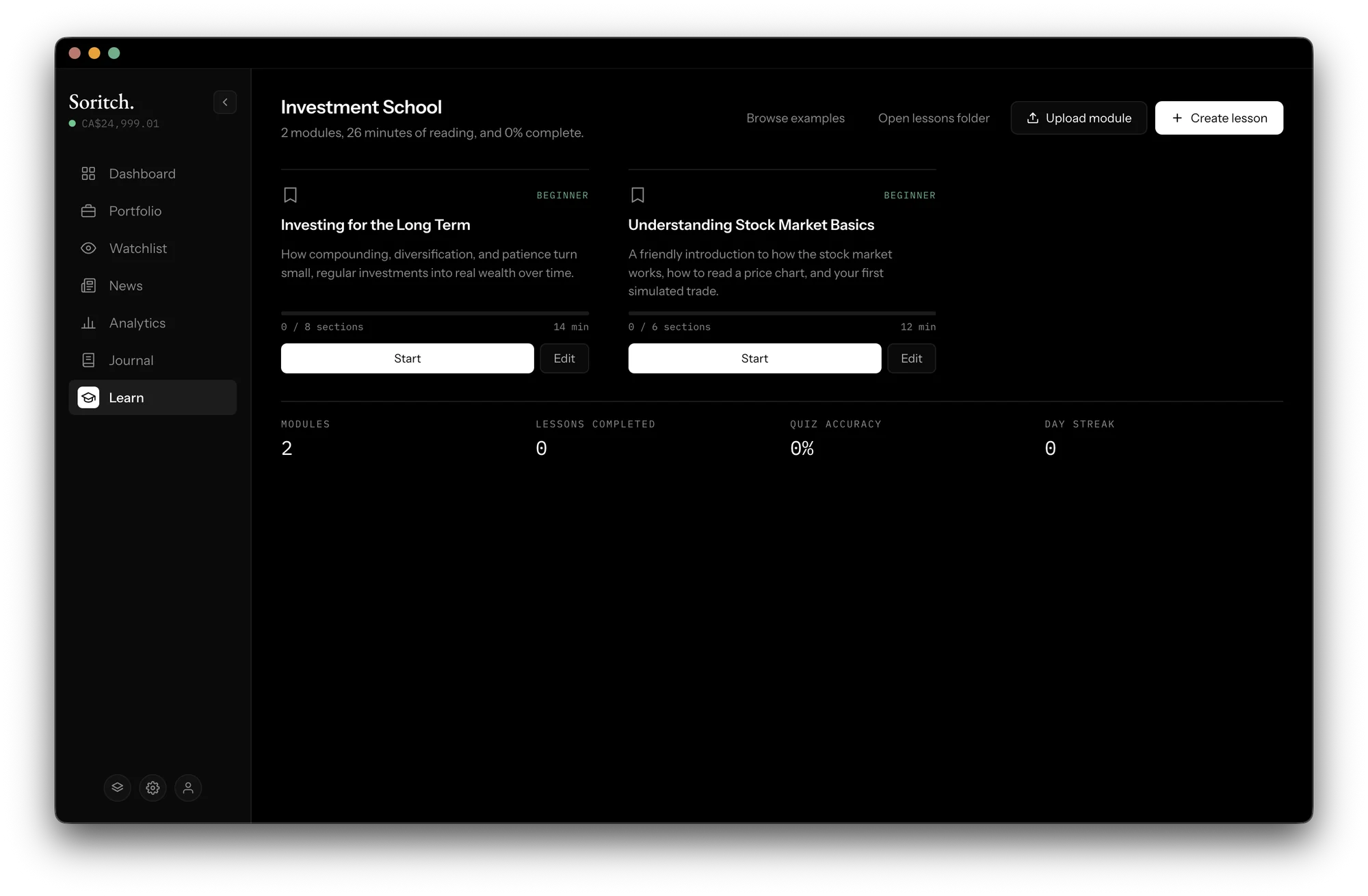 Investment School screen with two beginner modules and progress stats