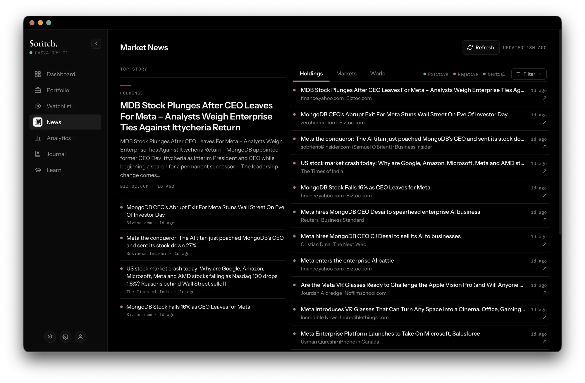 Market news screen with a top story and holdings headlines marked by sentiment
