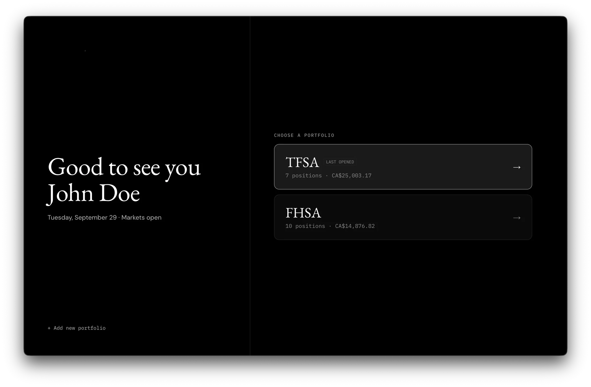 Portfolio picker listing a TFSA and an FHSA with position counts and values