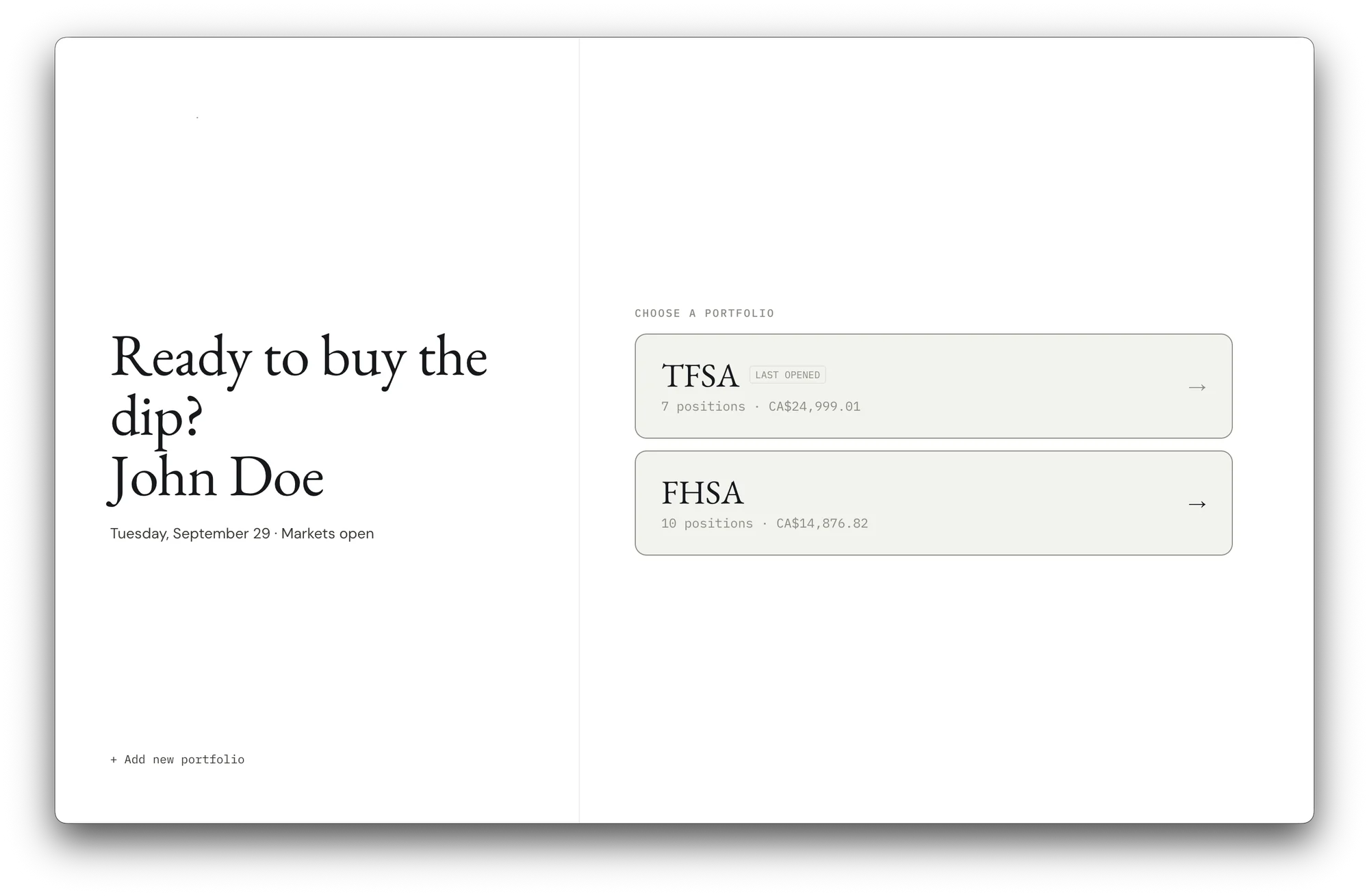 Portfolio picker in light mode