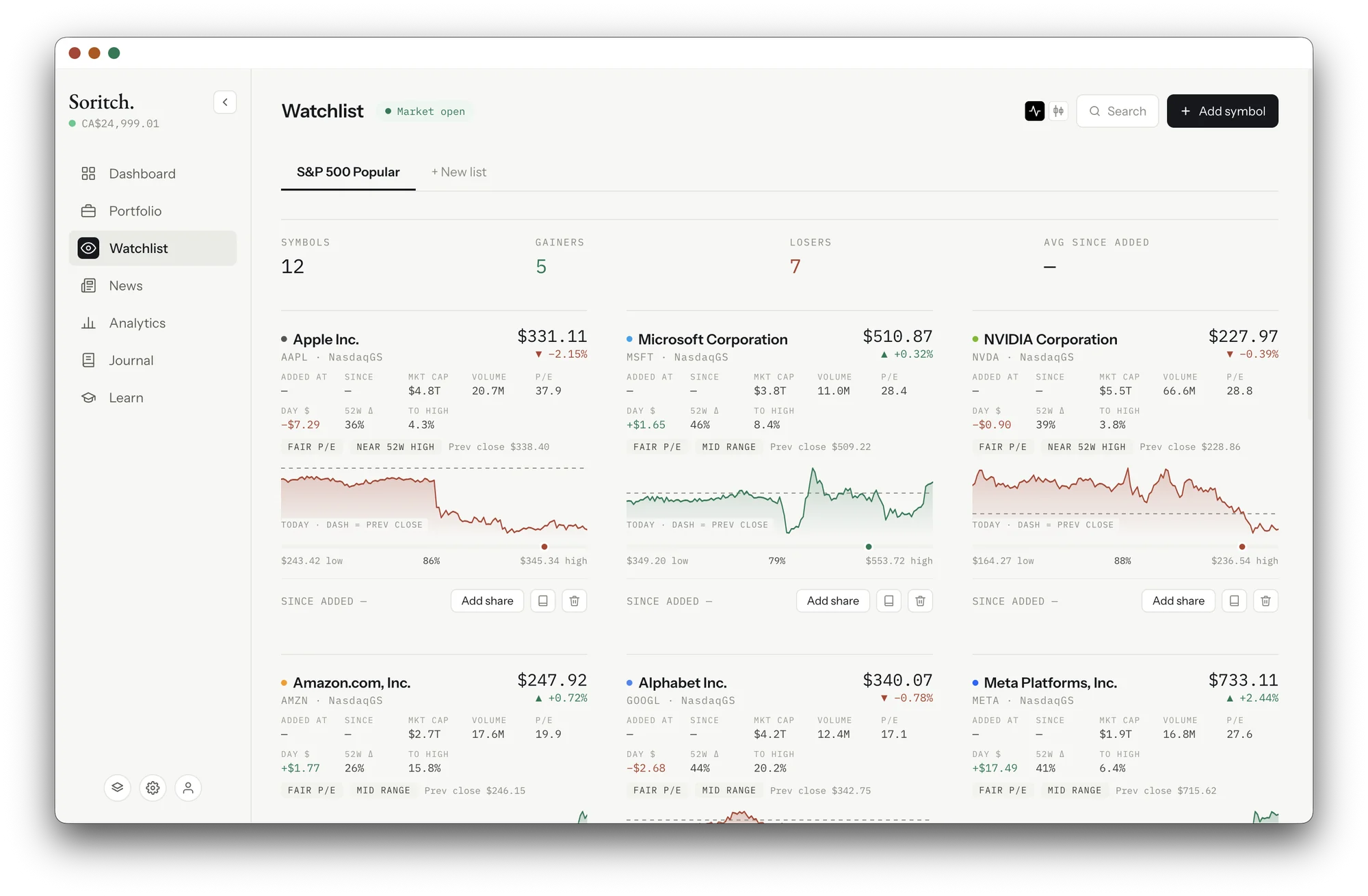 Watchlist in light mode